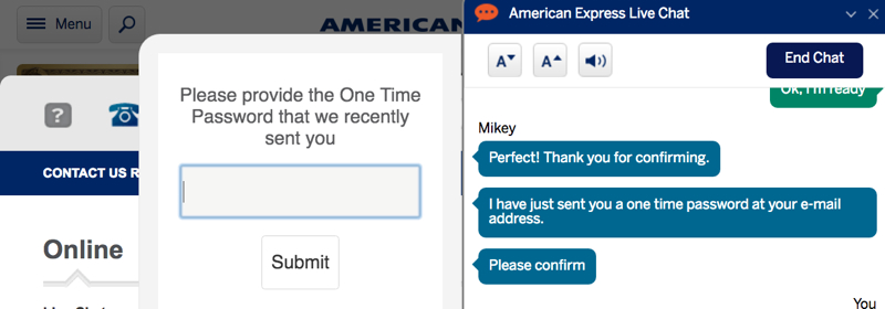 Enter One-Time Password During AMEX Live Chat