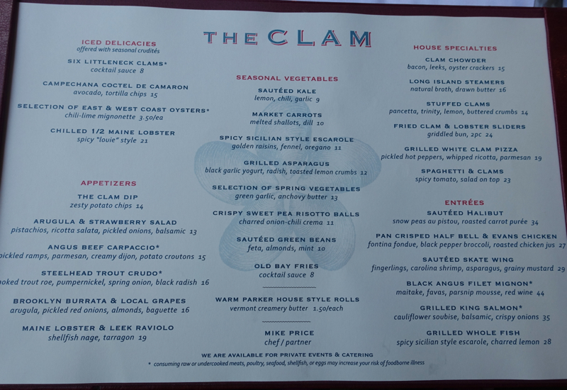 The Clam NYC Dinner Menu