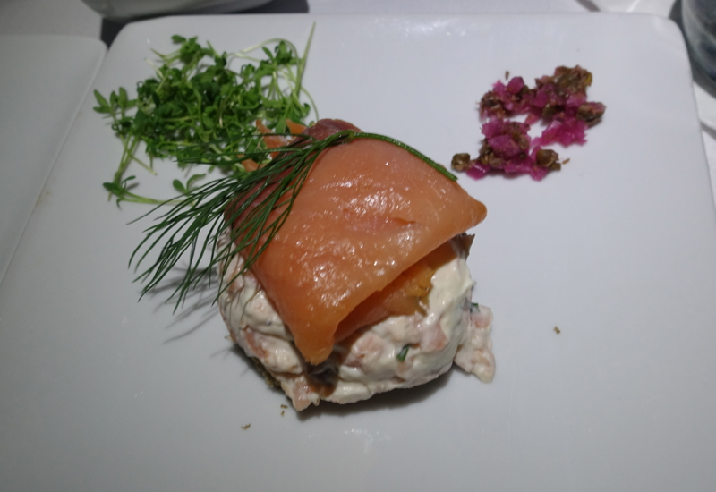 Smoked Salmon Appetizer, American A321 First Class Review