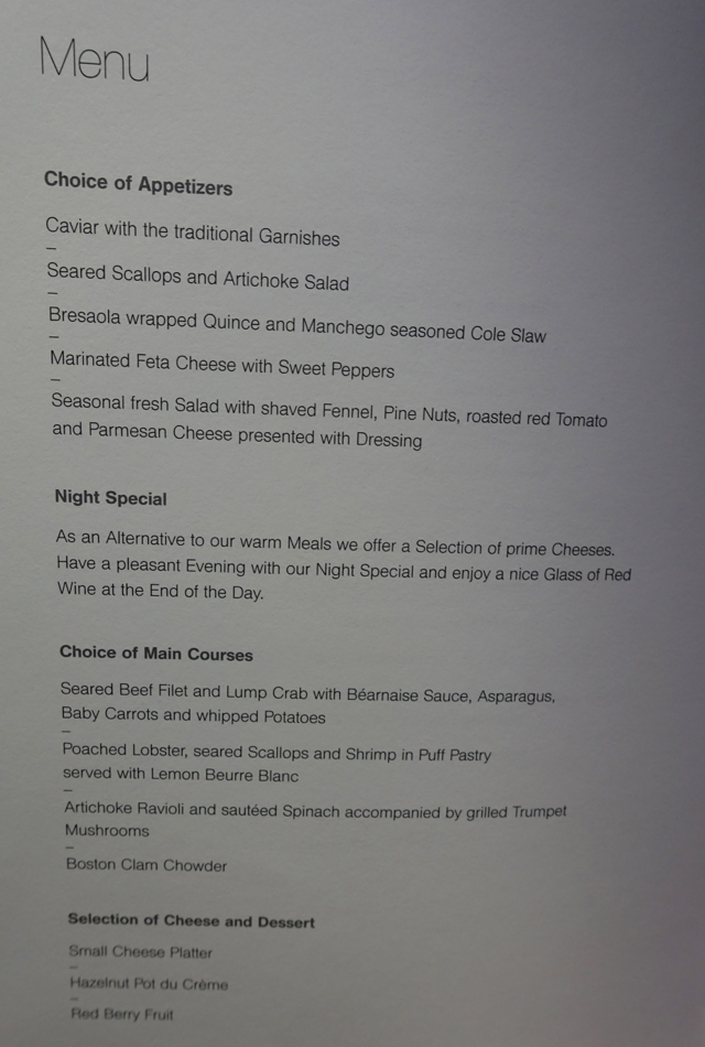 Lufthansa First Class Dinner Menu NYC to Frankfurt