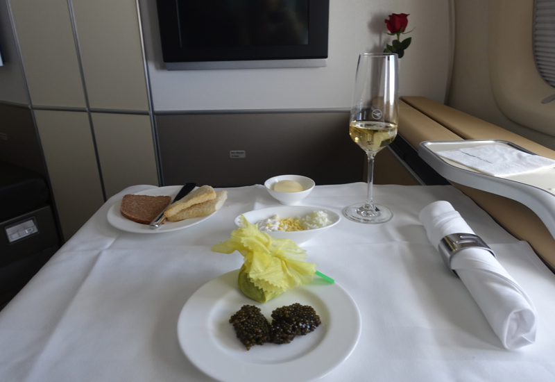 Lufthansa First Class Caviar Service, 747-8 Review