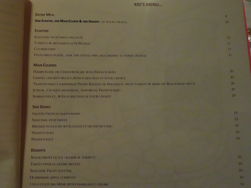 Kids' Dinner Menu - Pur' Restaurant Paris 