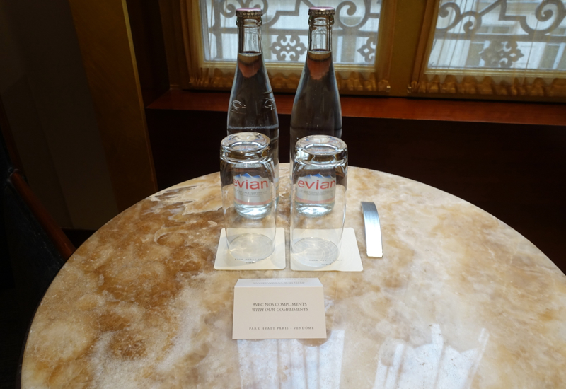 Evian Bottled Water Welcome Amenity, Park Hyatt Paris-Vendome Review