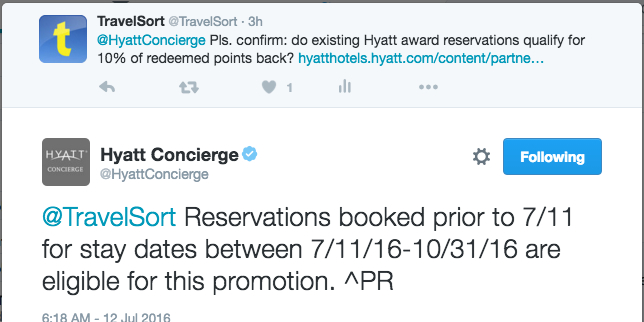 Hyatt 10% Points Back for Existing Reservations
