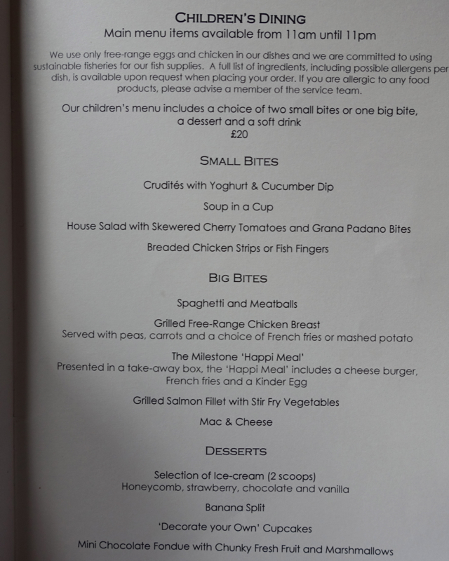 Kids' Menu, Cheneston's Restaurant, The Milestone Hotel Review