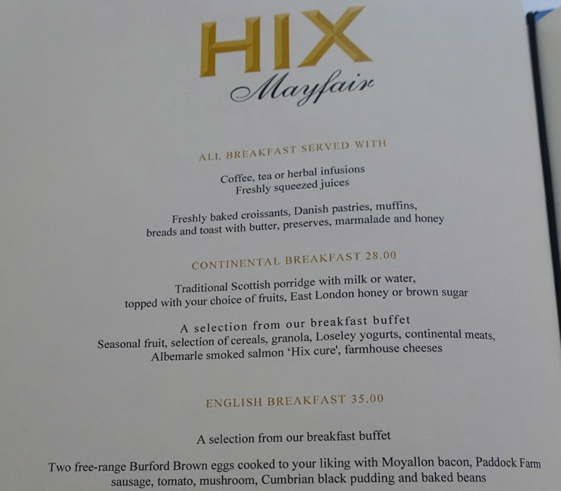 HIX Mayfair Breakfast Menu, Brown's Hotel 