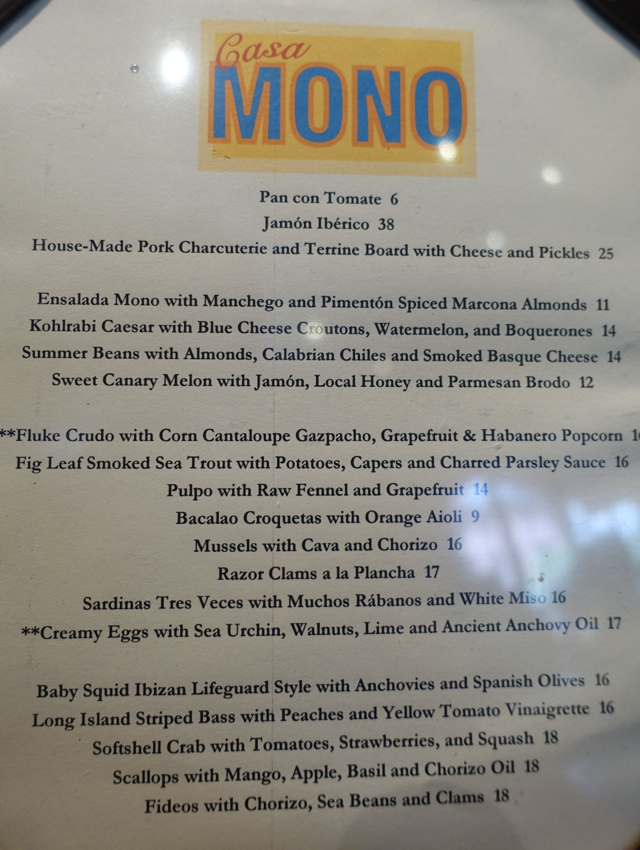 Casa Mono Menu, NYC