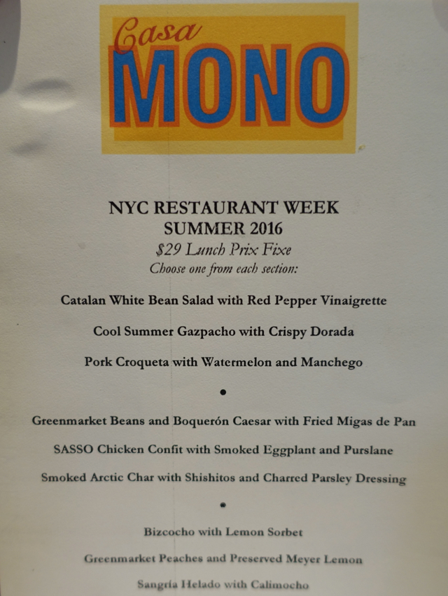 Casa Mono NYC Restaurant Week Menu