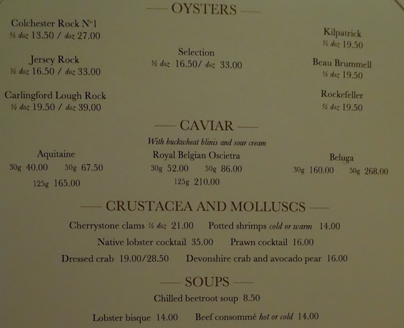 Restaurant Menu, Wiltons-55 Jermyn Street London