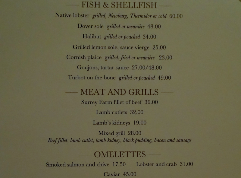 Wiltons Dinner Menu, London