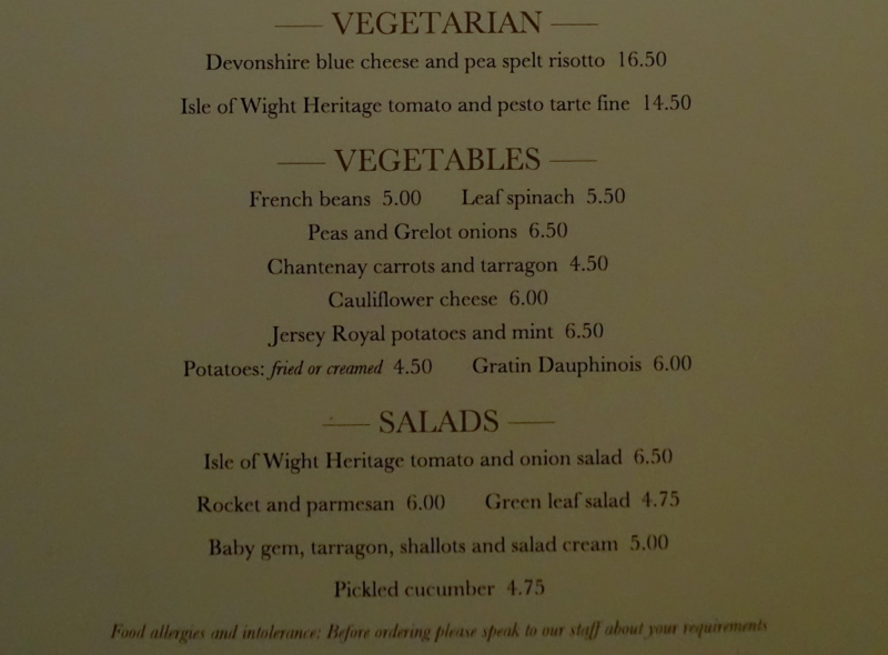 Menu, Wiltons London