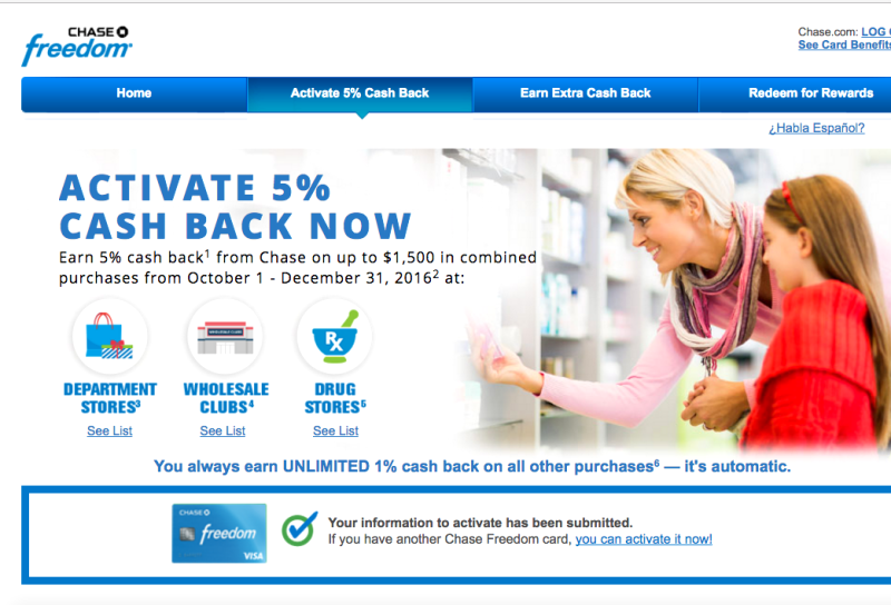 Activate Chase Freedom 5X for Drug Stores, Wholesale Clubs and Department Stores