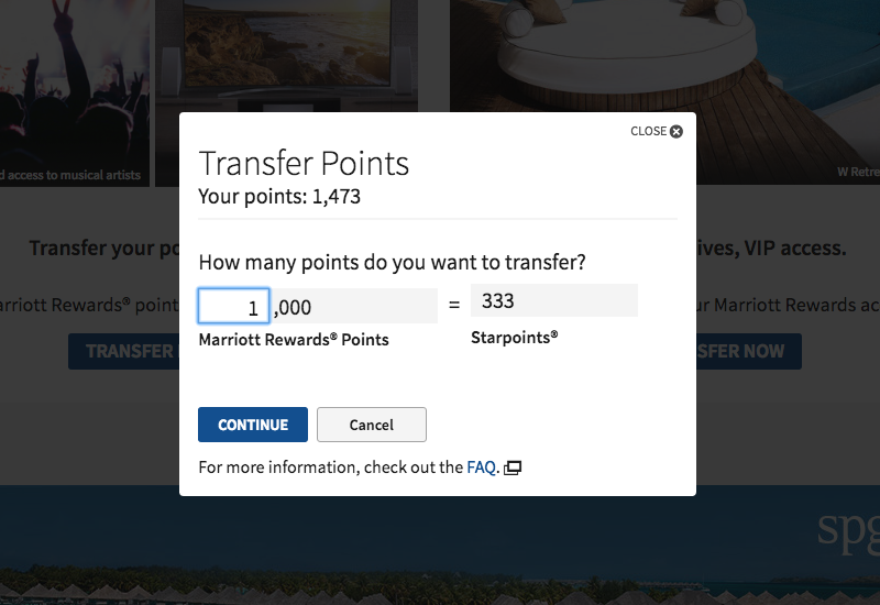 Transfer 1000 Marriott Rewards Points to 333 Starpoints