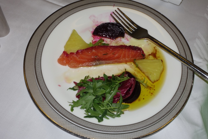 Cured Salmon with Beets Appetizer, Singapore First Class Review