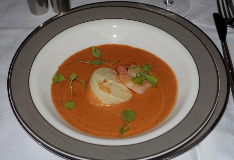 Tomato Soup with Cauliflower Custard and Prawn, Singapore First Class Review