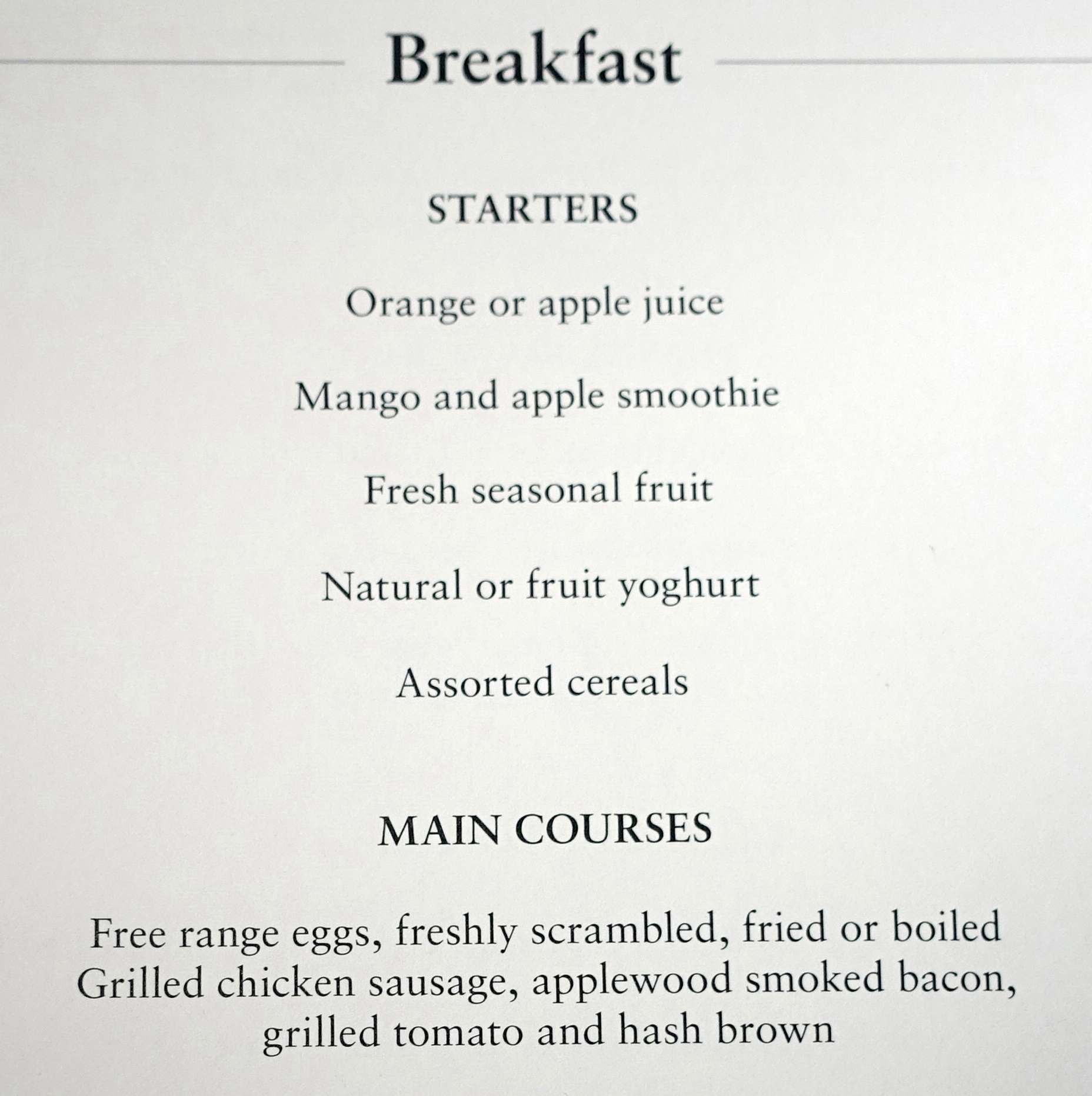 Cathay Pacific First Class Breakfast Menu