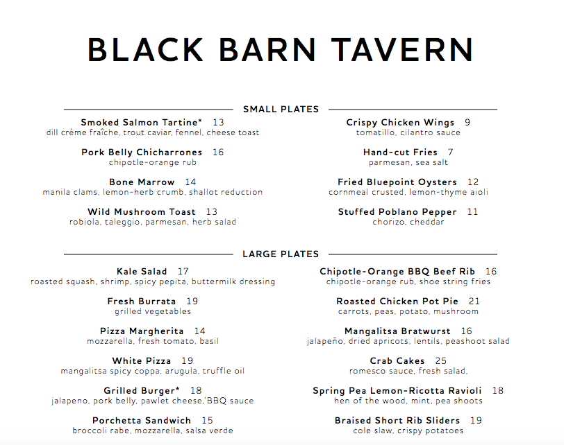 Black Barn Tavern Menu, NYC