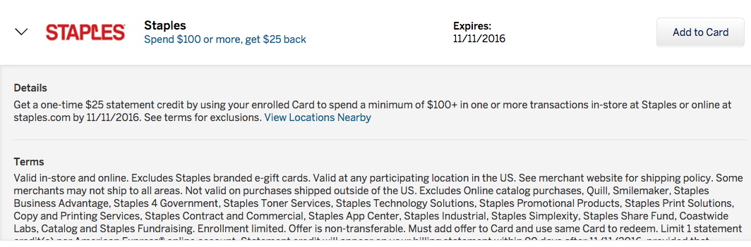 AMEX Offer for Staples: Spend $100 or More, Get $25 Back