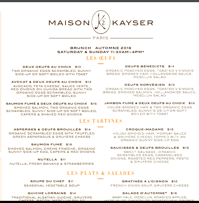 Maison Kayser NYC Brunch Menu