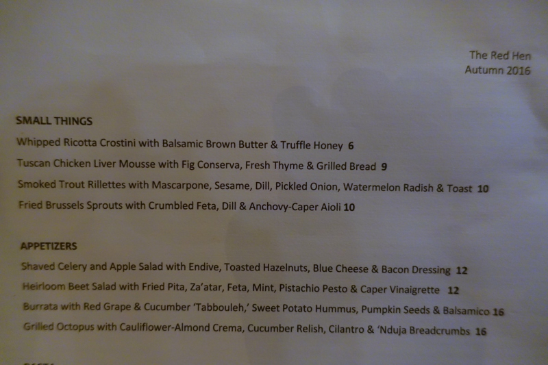 Dinner Menu, The Red Hen, Washington, DC