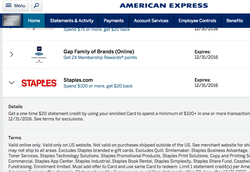 Staples AMEX Offer: Spend $100, Get $20 Back