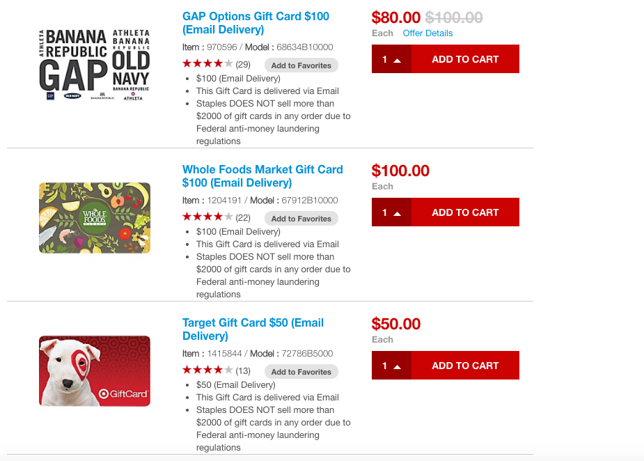 Staples AMEX Offer: Spend $100, Get $20 Back-Buy Gift Cards 