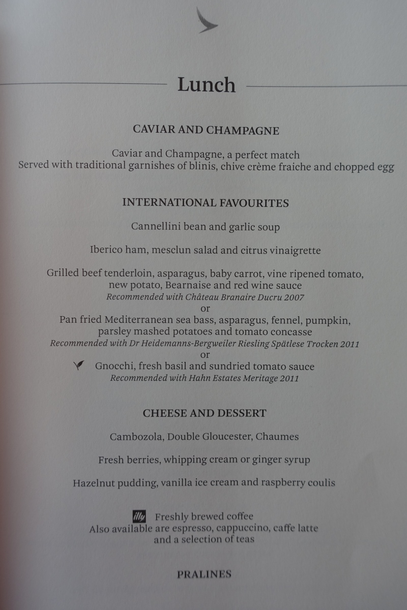 Cathay Pacific First Class International Menu, HKG to LAX