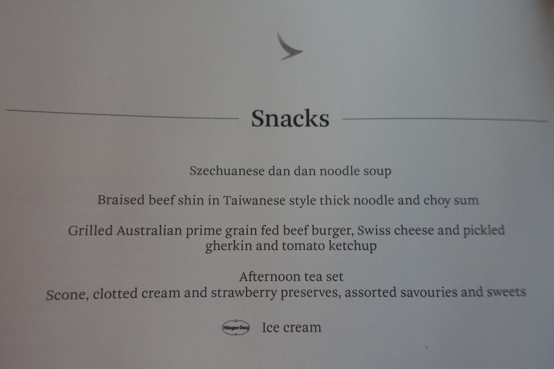Cathay Pacific First Class Snack Menu