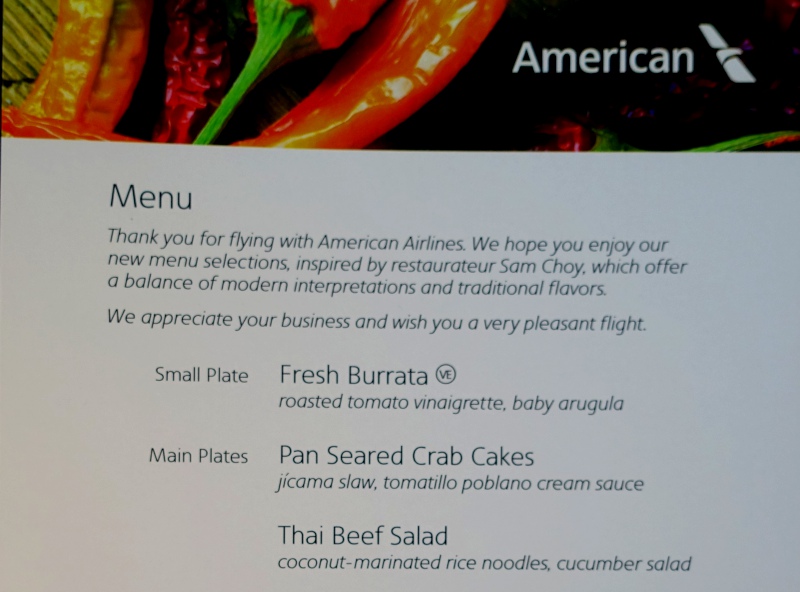 Menu, American First Class A321 - Sam Choy