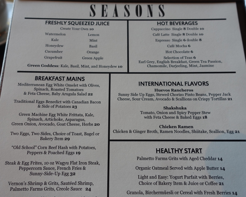 Seasons Breakfast Menu, Four Seasons Washington DC