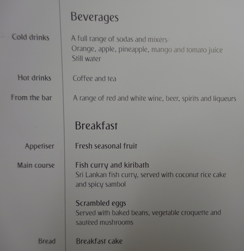 Emirates Economy Class Menu