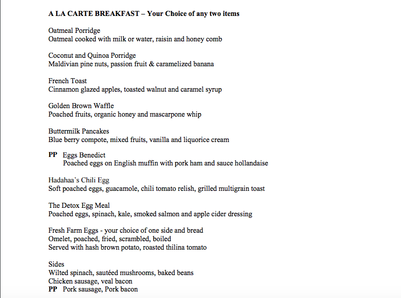 Park Hyatt Maldives Breakfast Menu