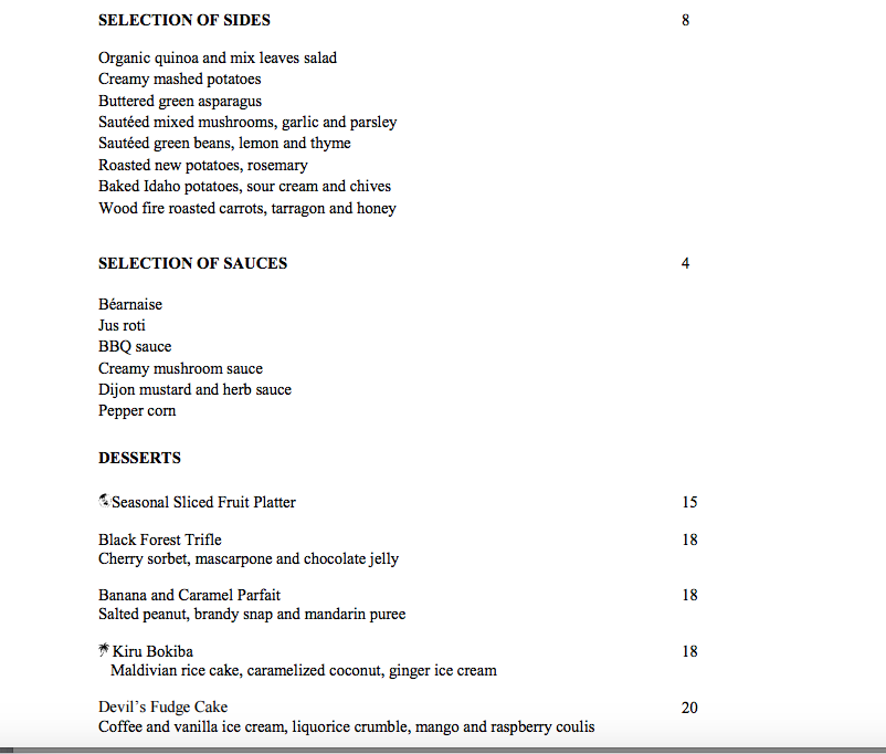 Island Grill Menu, Park Hyatt Maldives