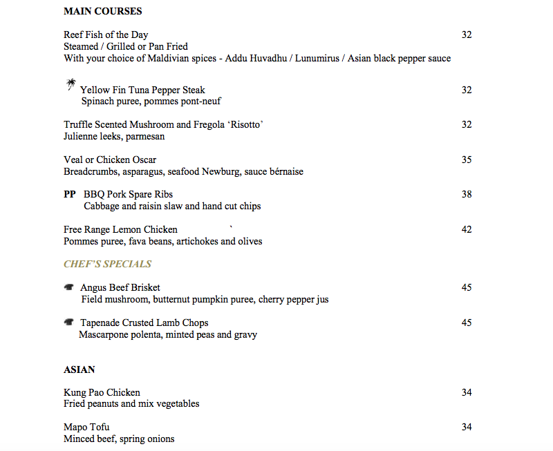 Dinner Menu, The Park Hyatt Maldives