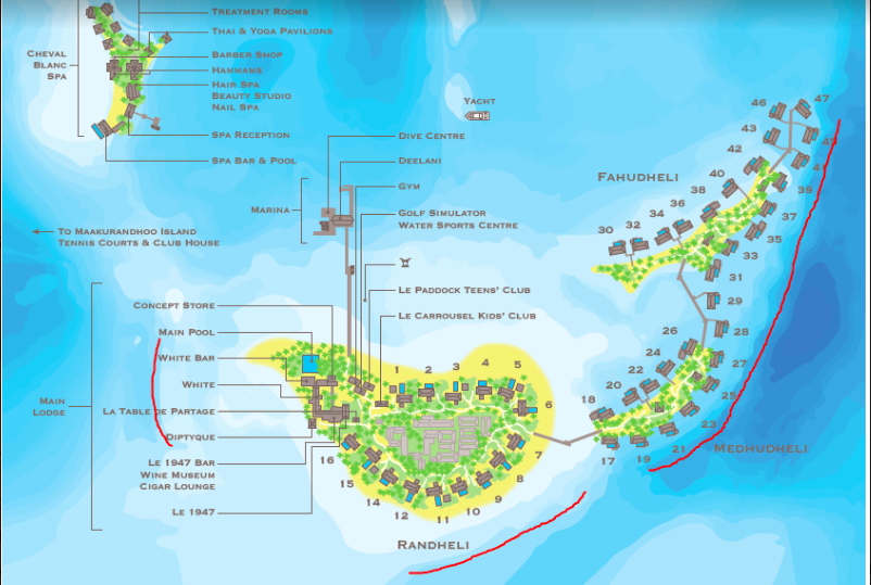 Cheval Blanc Randheli Map of Villas and Good Snorkeling Areas