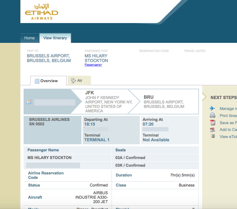 Brussels Airlines Business Class Booked with Etihad Guest Miles