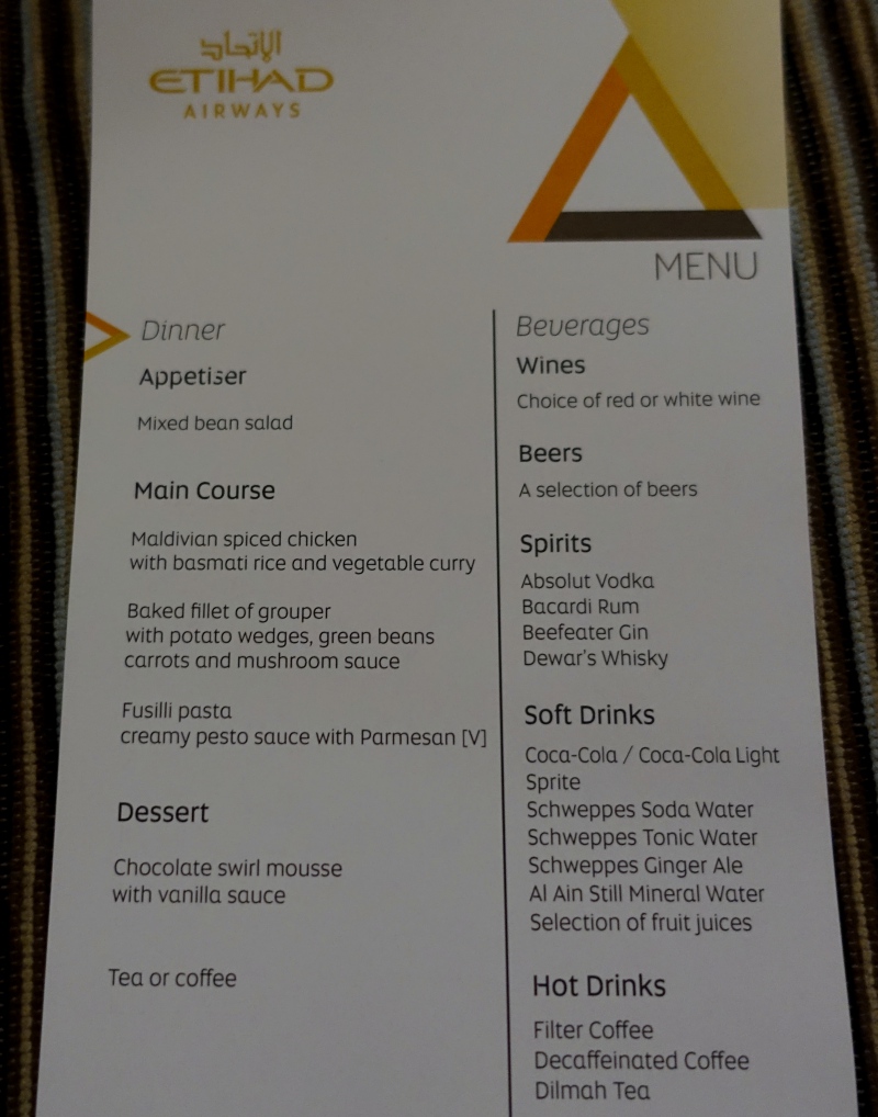 Etihad Economy Class Menu, Male to Abu Dhabi