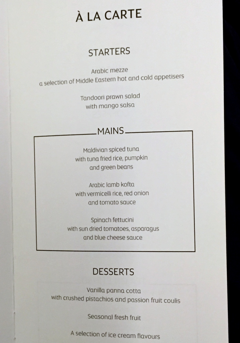 Etihad Business Class Dinner Menu, Male to Abu Dhabi