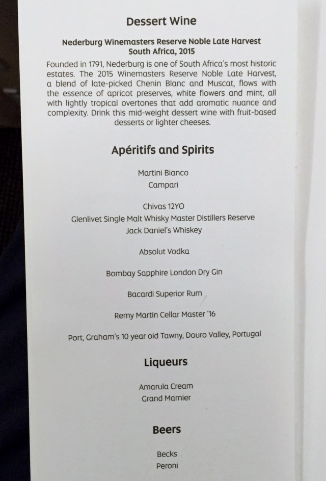 Etihad Business Class Spirits and Beers