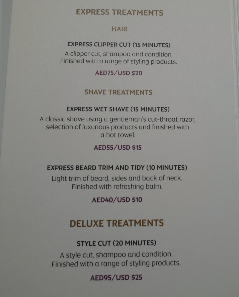 Etihad Express Salon Treatment Menu