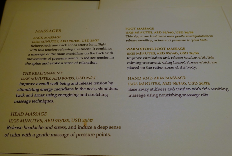 Massage Menu, Six Senses Spa, Etihad First Class Lounge AUH Review