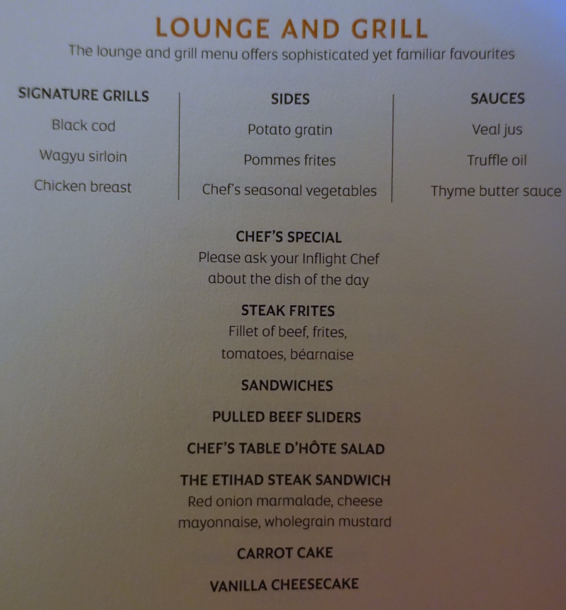 Etihad First Class Lounge and Grill Menu