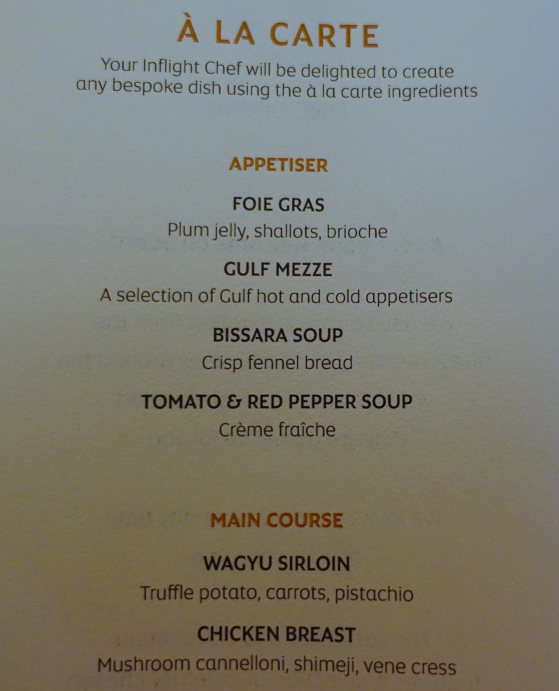 Etihad First Class Menu