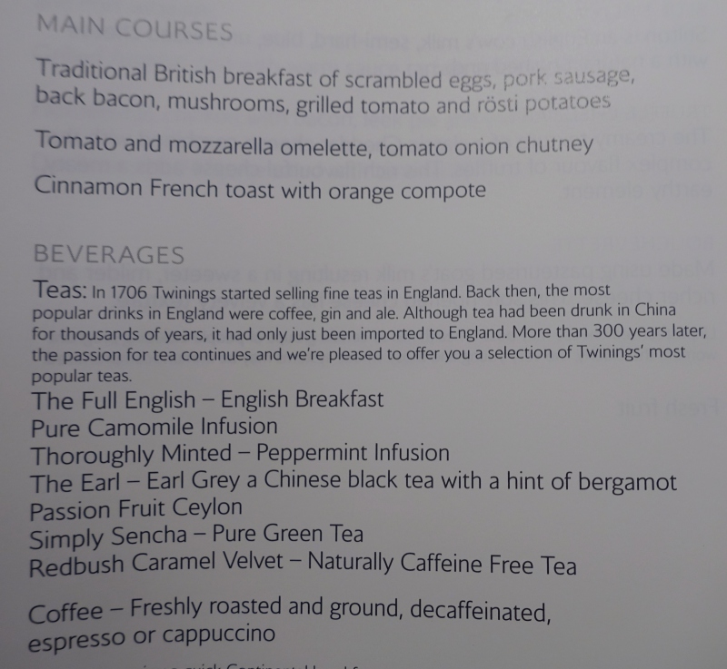 British Airways First Class Breakfast Menu New York to London