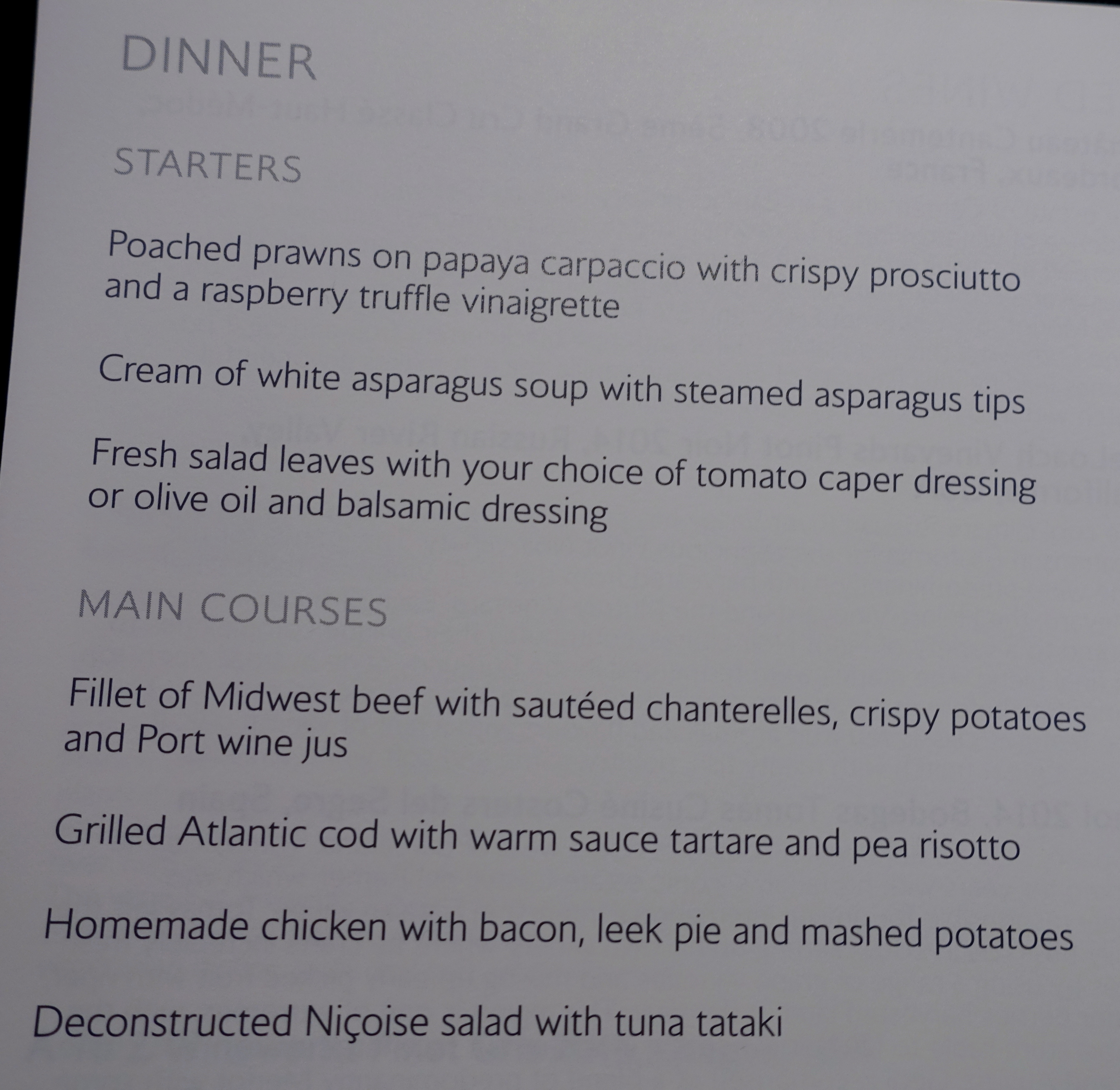 British Airways First Class Dinner Menu, New York to London