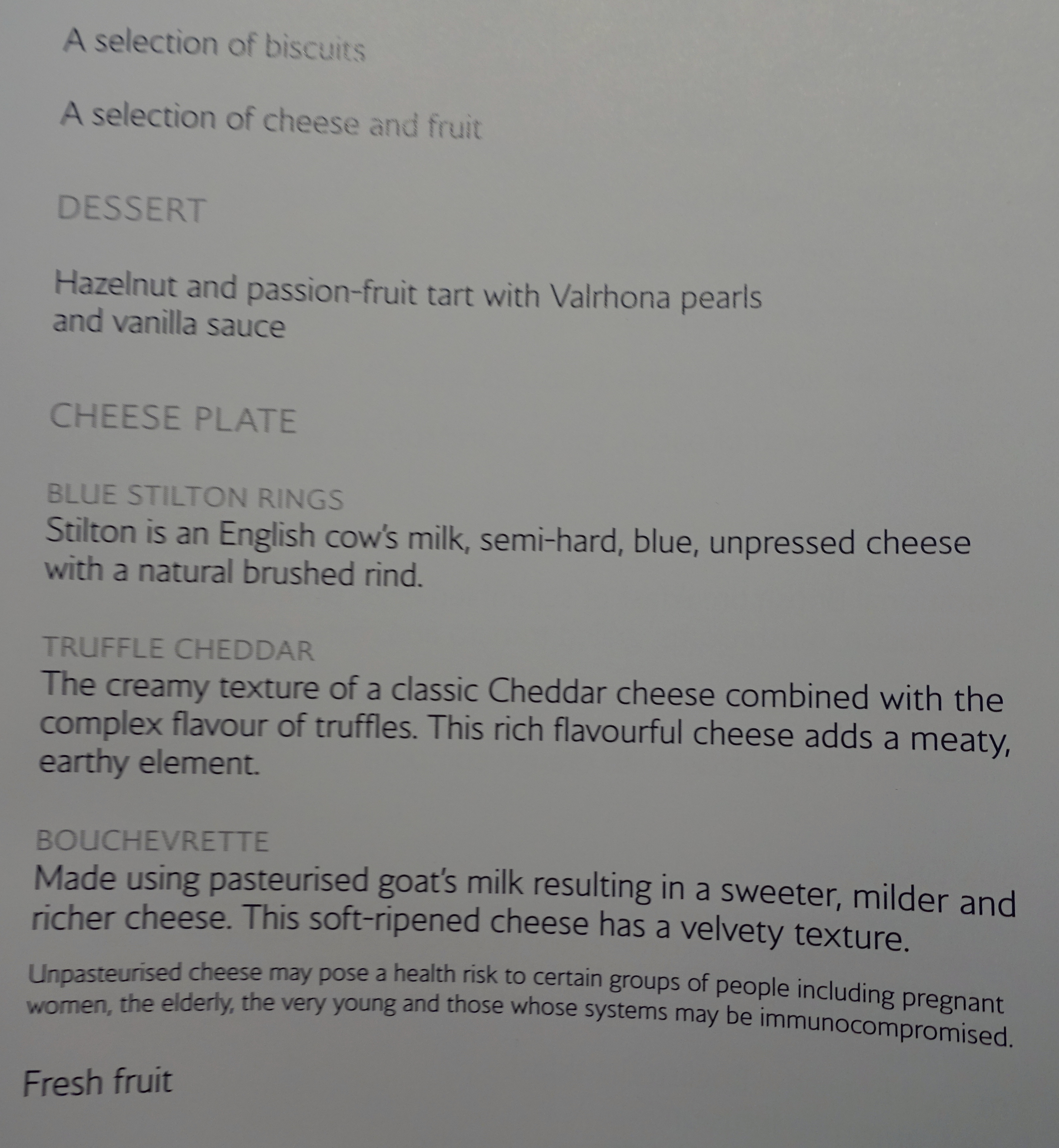 British Airways First Class Dessert and Cheese Menu, New York to London
