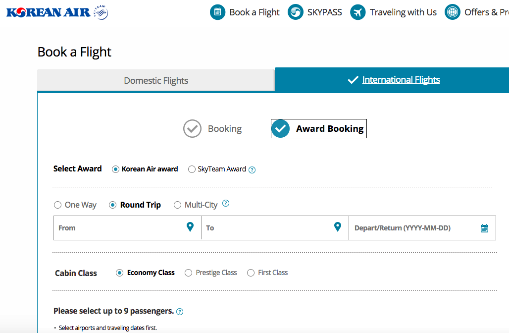 How to Book Korean Air SkyPass Awards on Partners Online