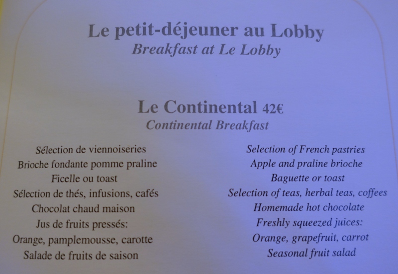 The Peninsula Paris Continental Breakfast Menu