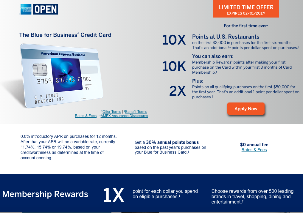 10X at U.S. Restaurants for 6 Months with AMEX Blue for Business Card