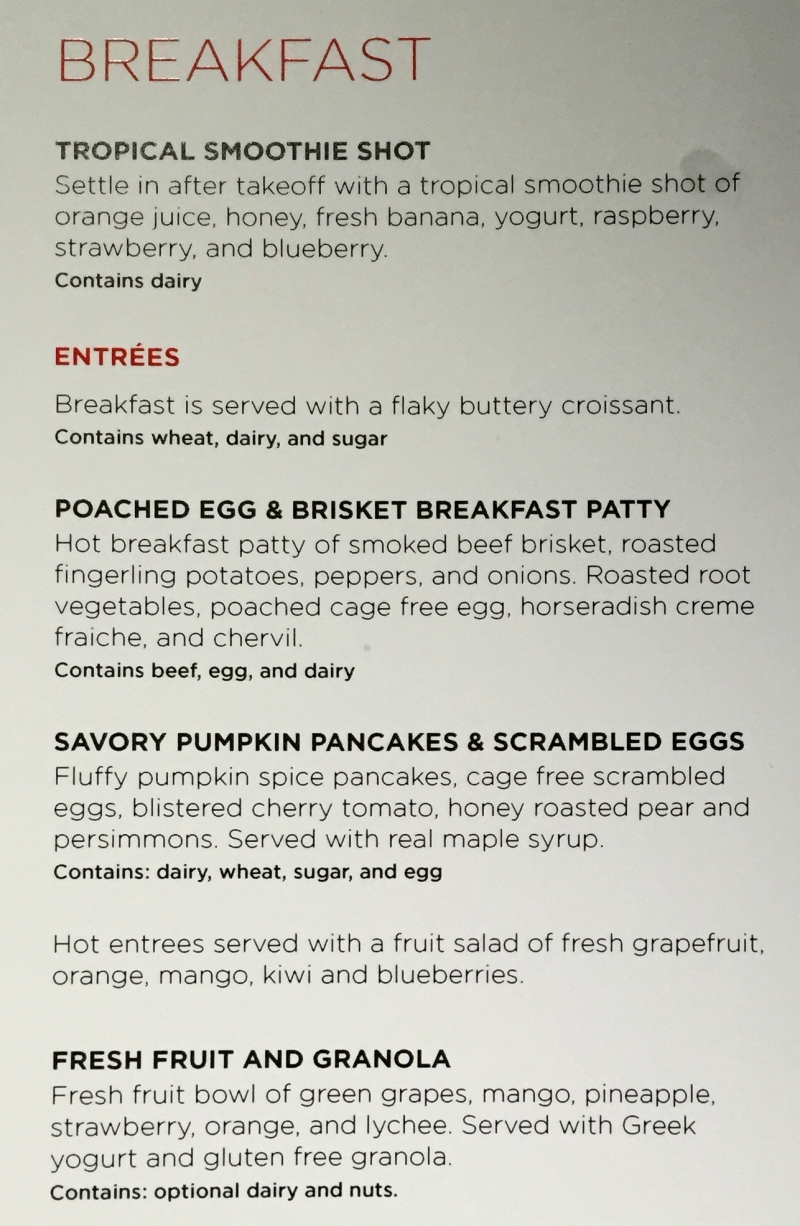 Virgin America First Class Breakfast Menu